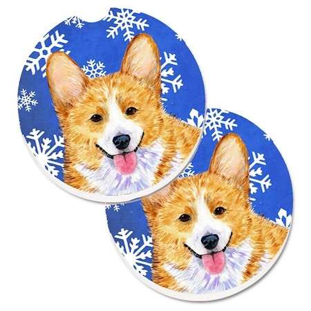 Carolines Treasures Corgi Winter Snowflakes Holiday Set of 2 Cup Holder Car Coaster SS4624CARC